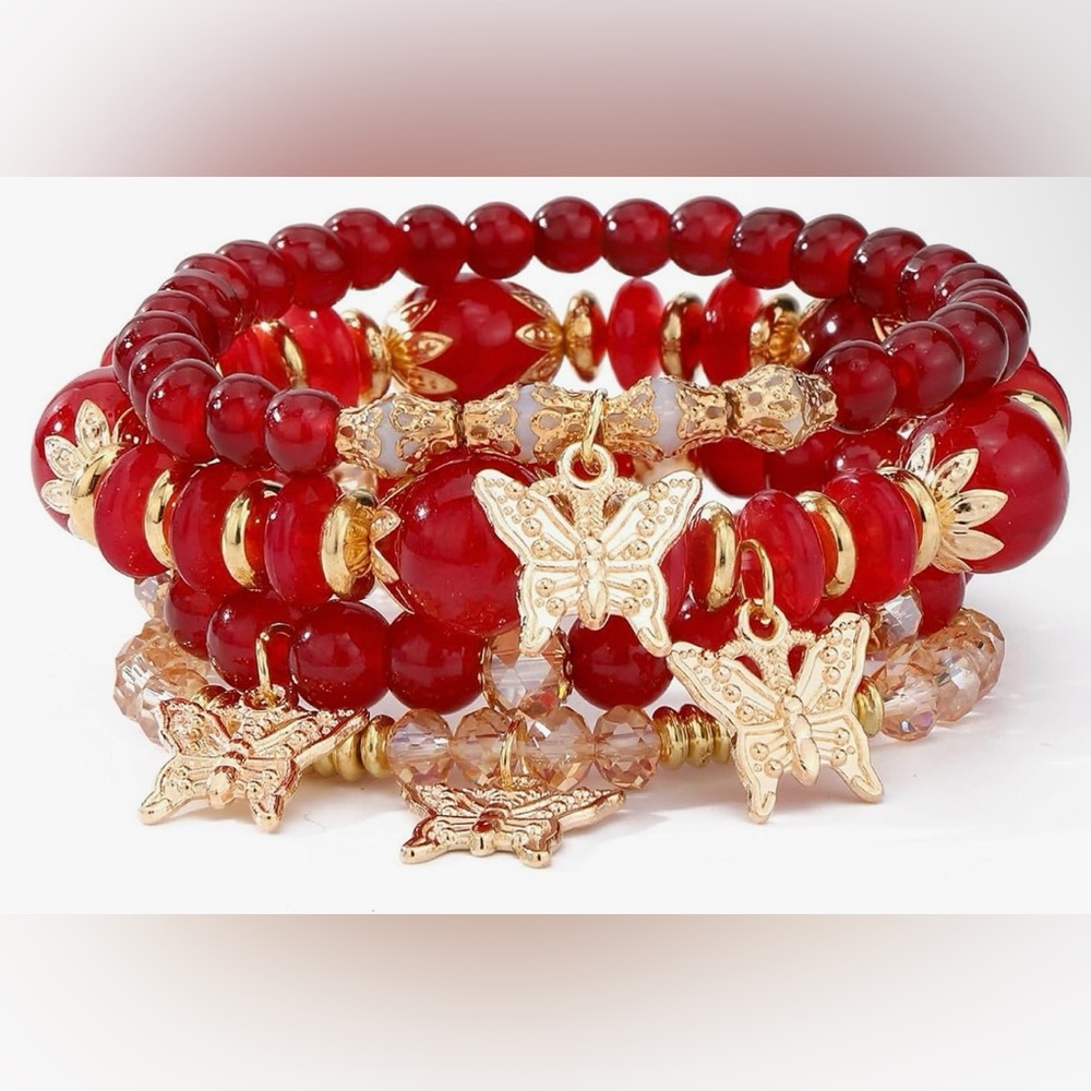 Red and Gold color with butterfly charms Stackable Bracelets!